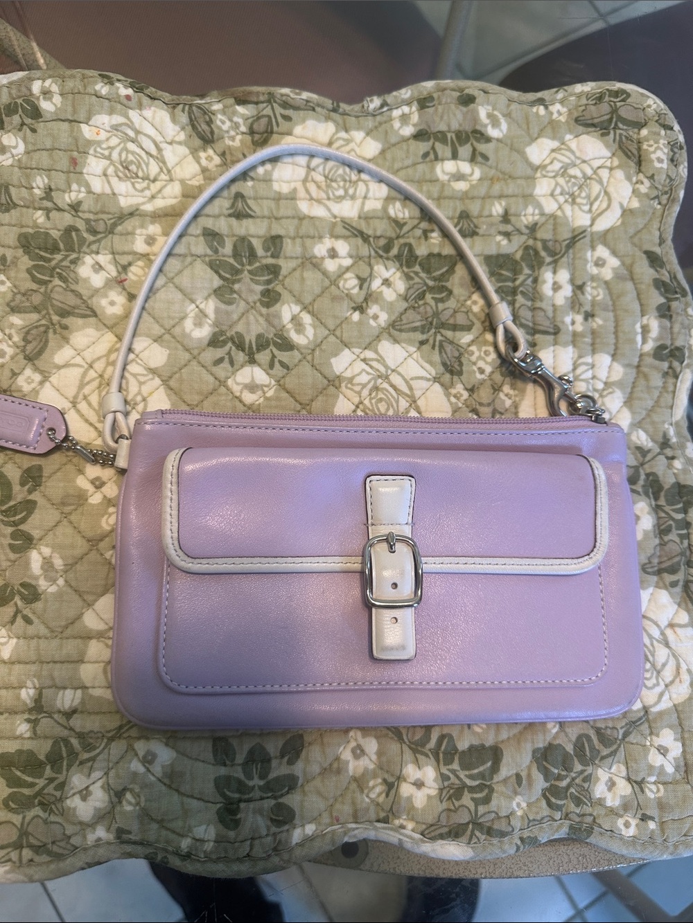 Coach Lavender Leather Wristlet with Cream Trim